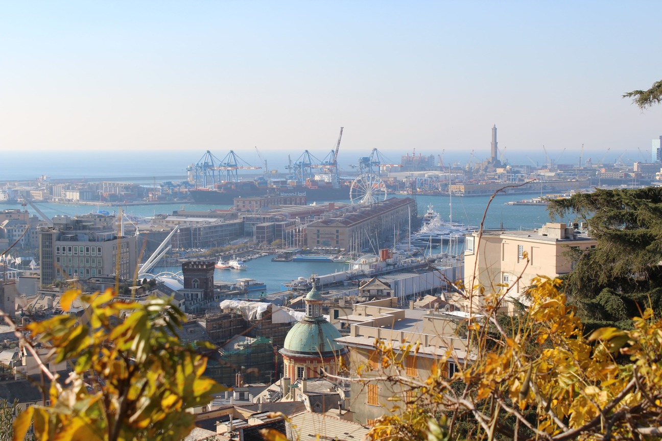 Panoramic view over the port and old town of Genoa, Italy