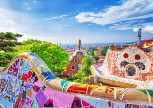 Gaudi's mosaic terrace at Park Guell with views over Barcelona