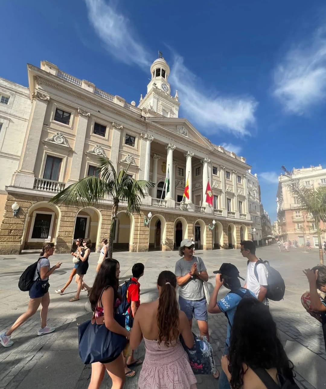 Tour group in front of Cadiz City Hall on Plaza San Juan de Dios