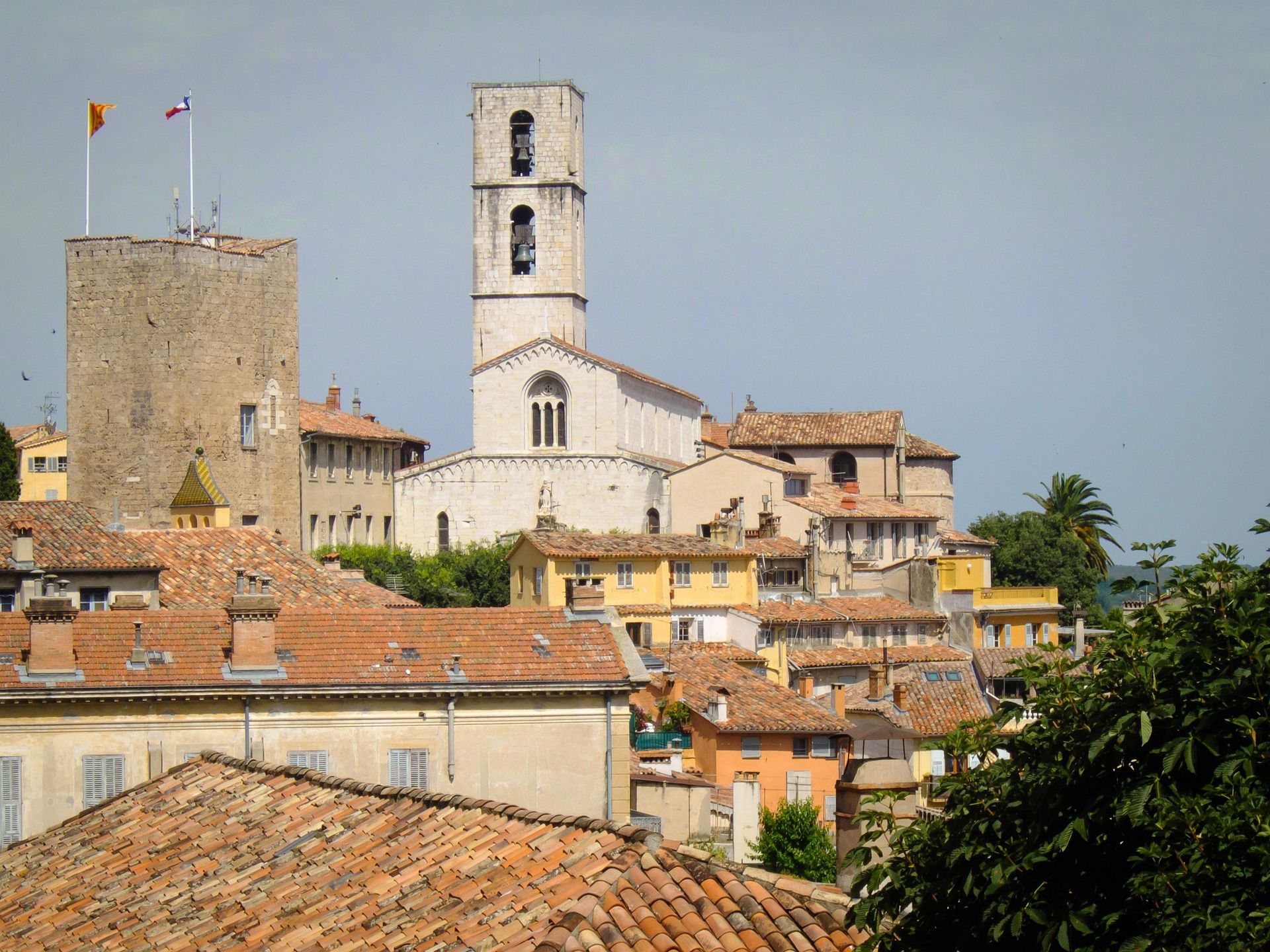 Historic hilltop old town of Grasse with its cathedral bell tower and terracotta rooftops