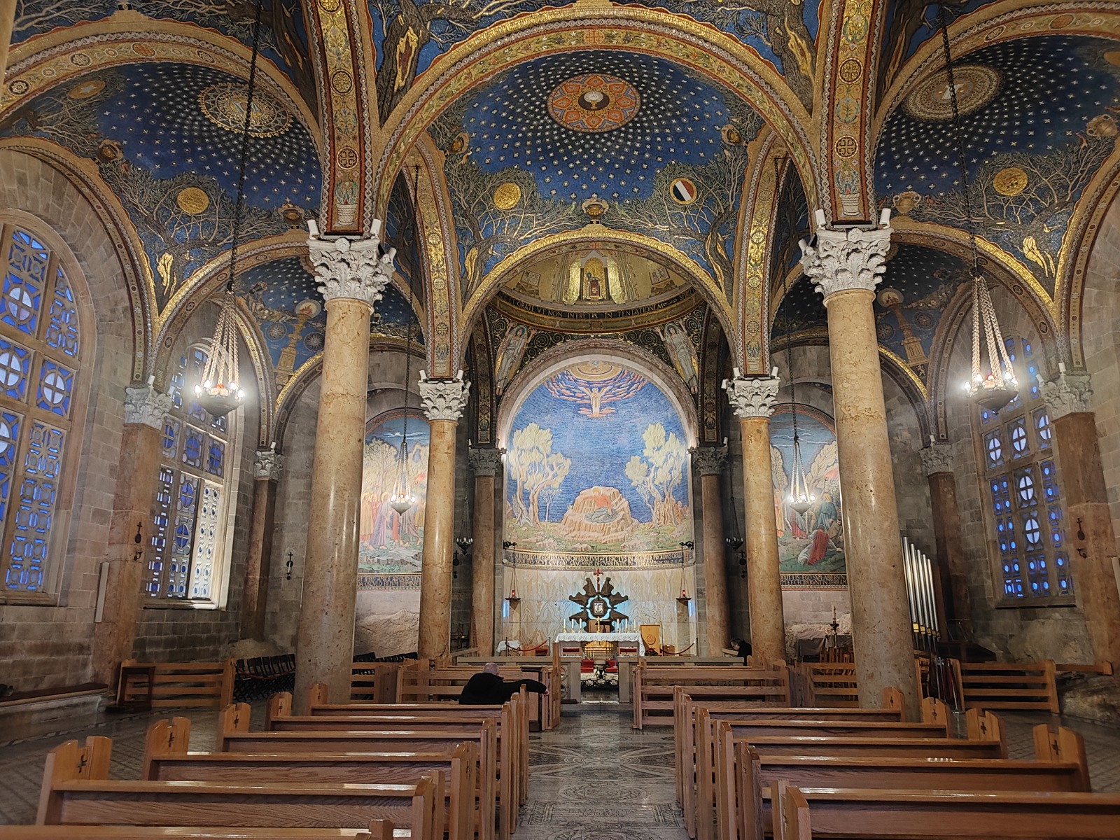 Colorful mosaic ceiling and altar of the Church of All Nations in the Garden of Gethsemane, Jerusalem
