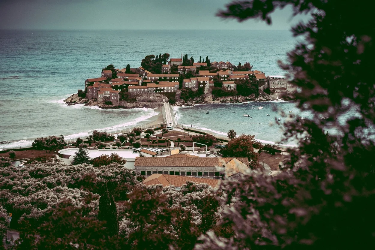 Panoramic view of Sveti Stefan island on the Montenegrin coast