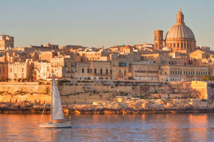 Valletta skyline at sunset seen from the Grand Harbour, Malta Highlights VIP private full day tour