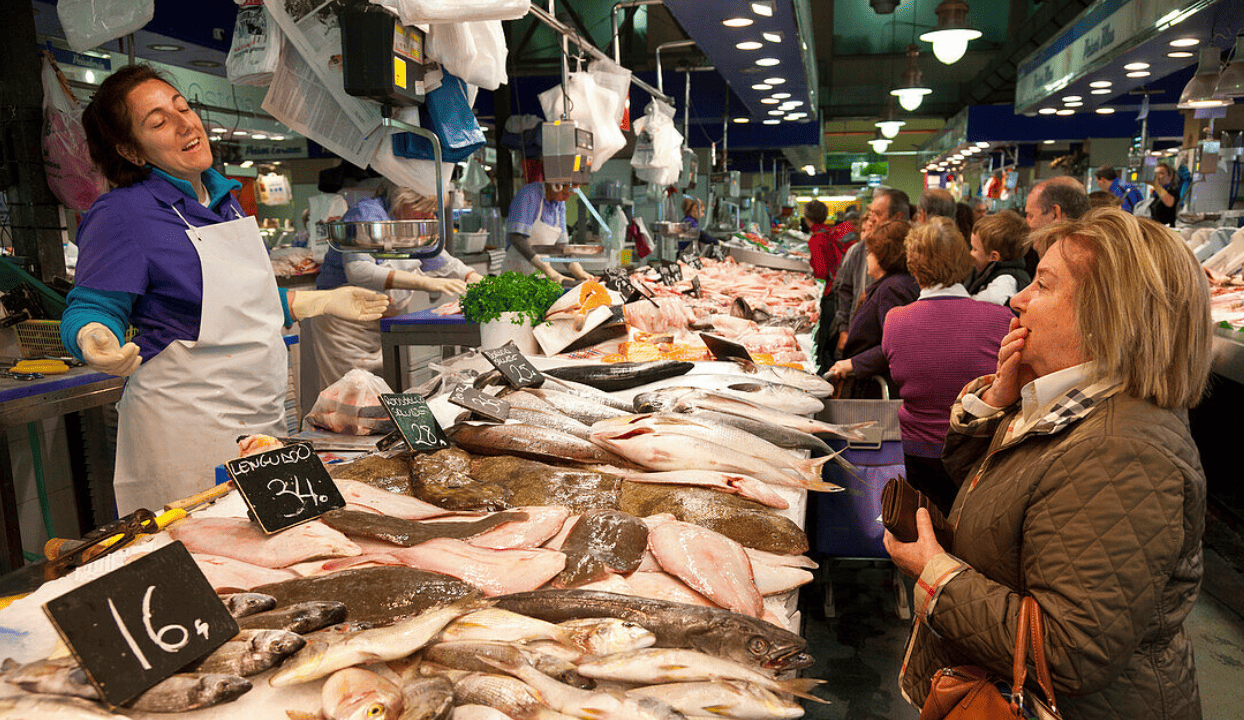Fresh seafood stall at Alicante Central Market