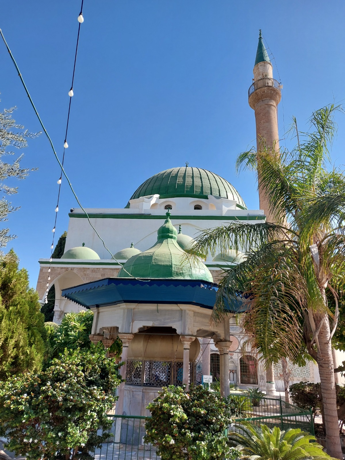 Al-Jazzar Mosque in Acre with its green dome and tall minaret framed by palm trees