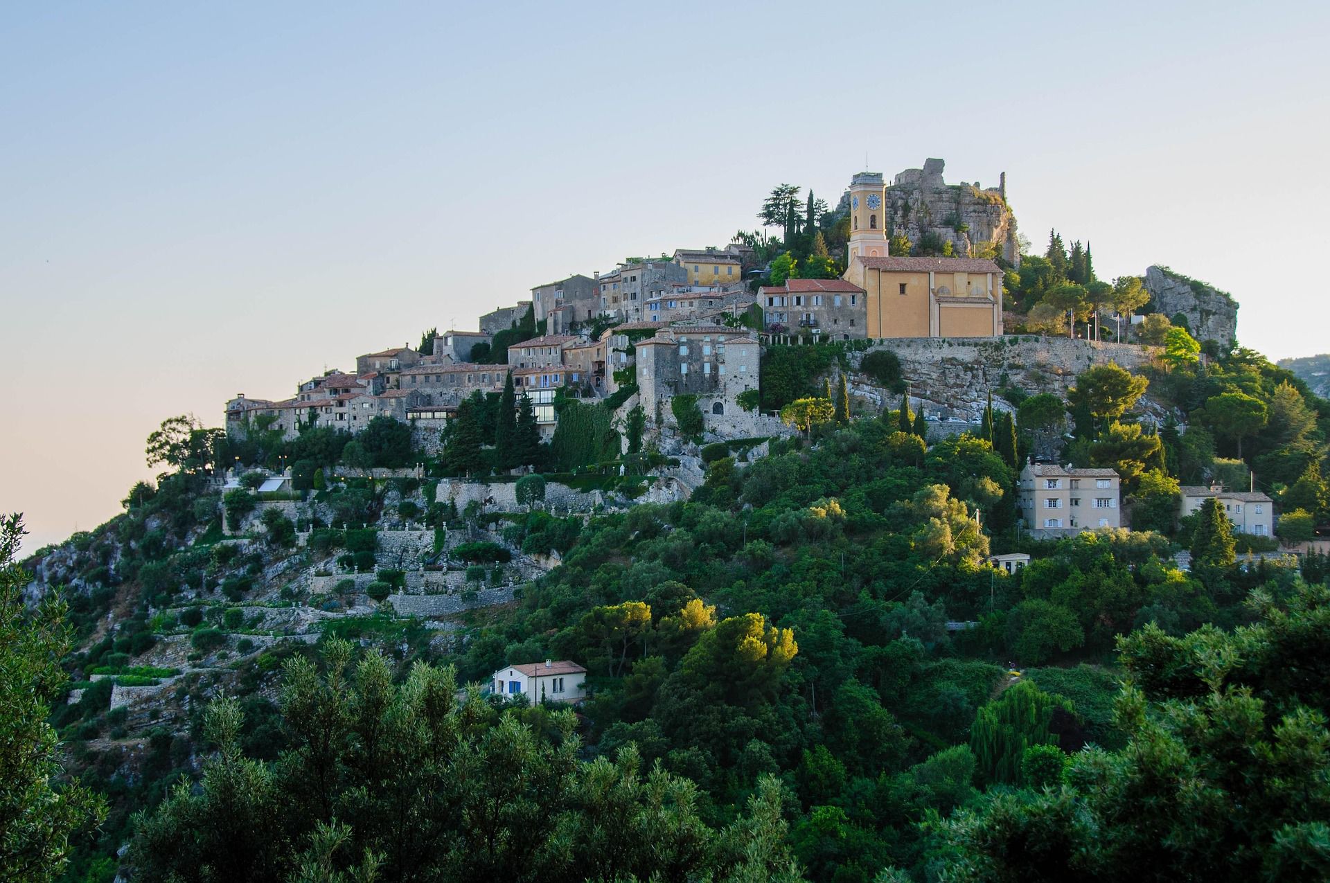 The hilltop village of Eze at sunset on the French Riviera