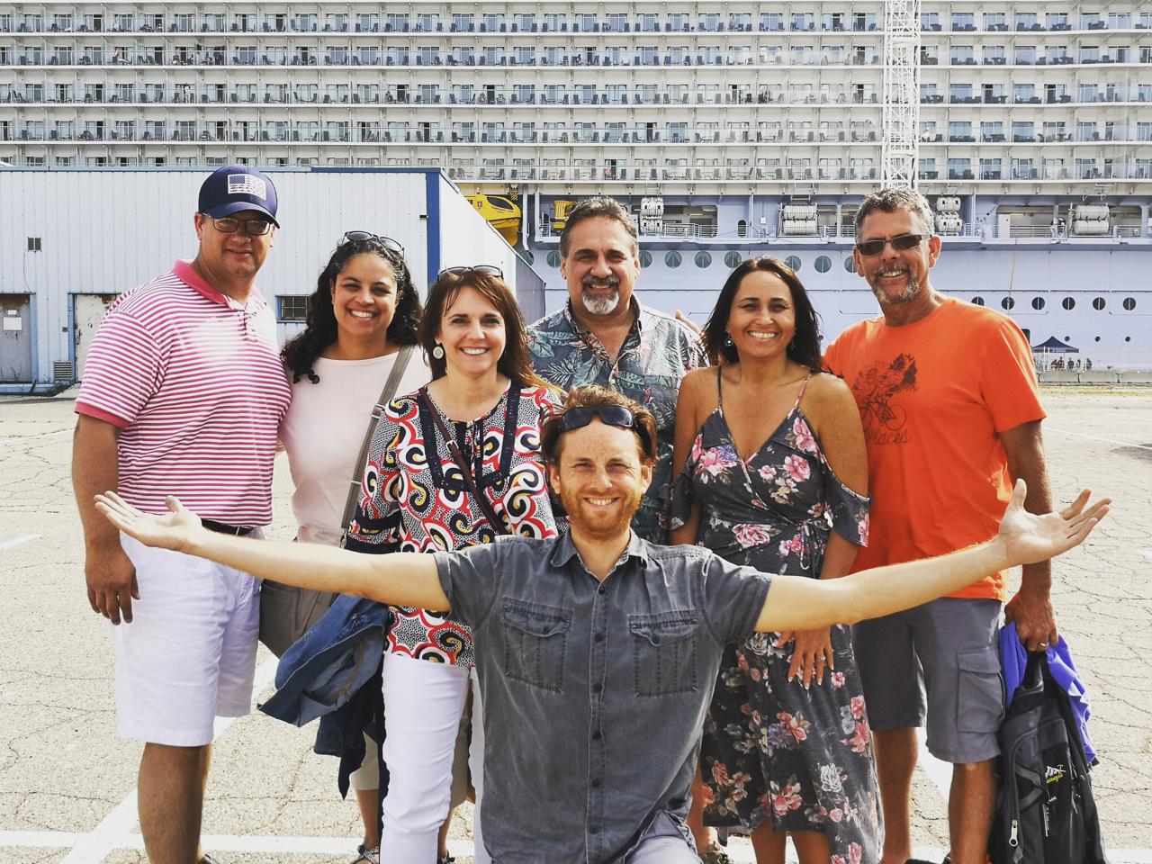 Happy tour guests with their guide at the port of Toulon