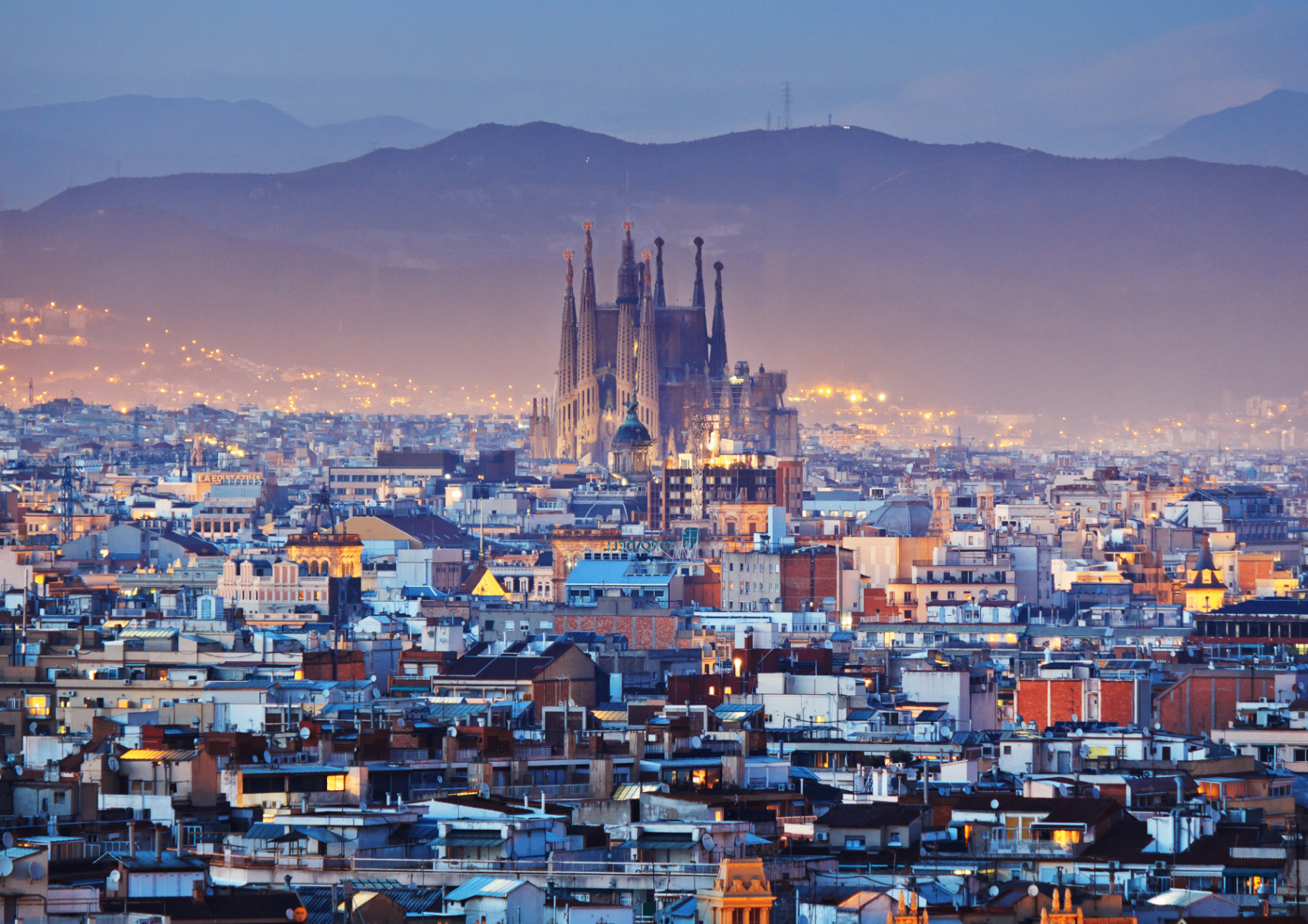 Barcelona skyline with Sagrada Familia at dusk
