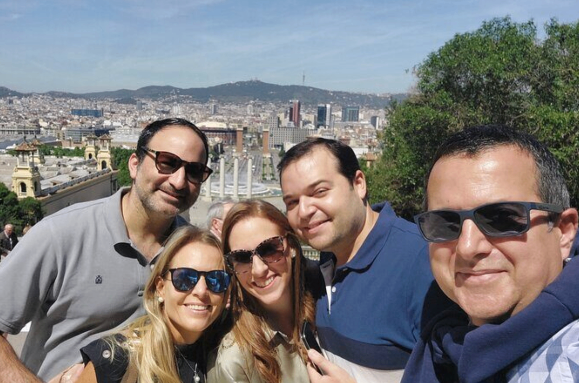 Tour group selfie at Montjuïc overlooking Barcelona