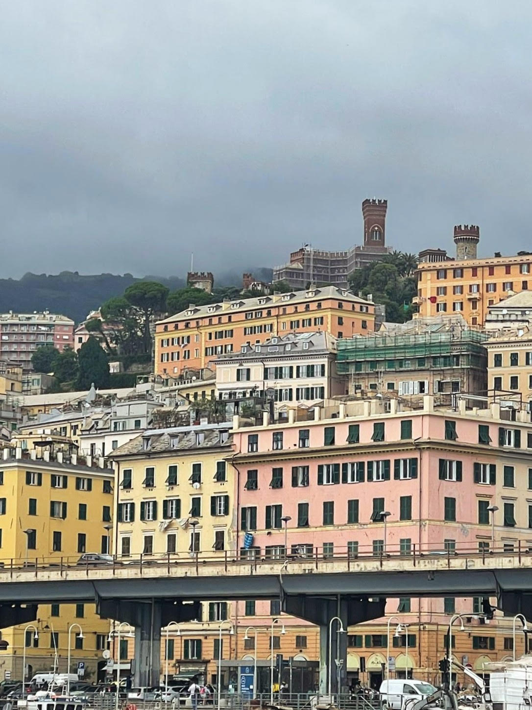 Genoa's colorful buildings viewed from the port
