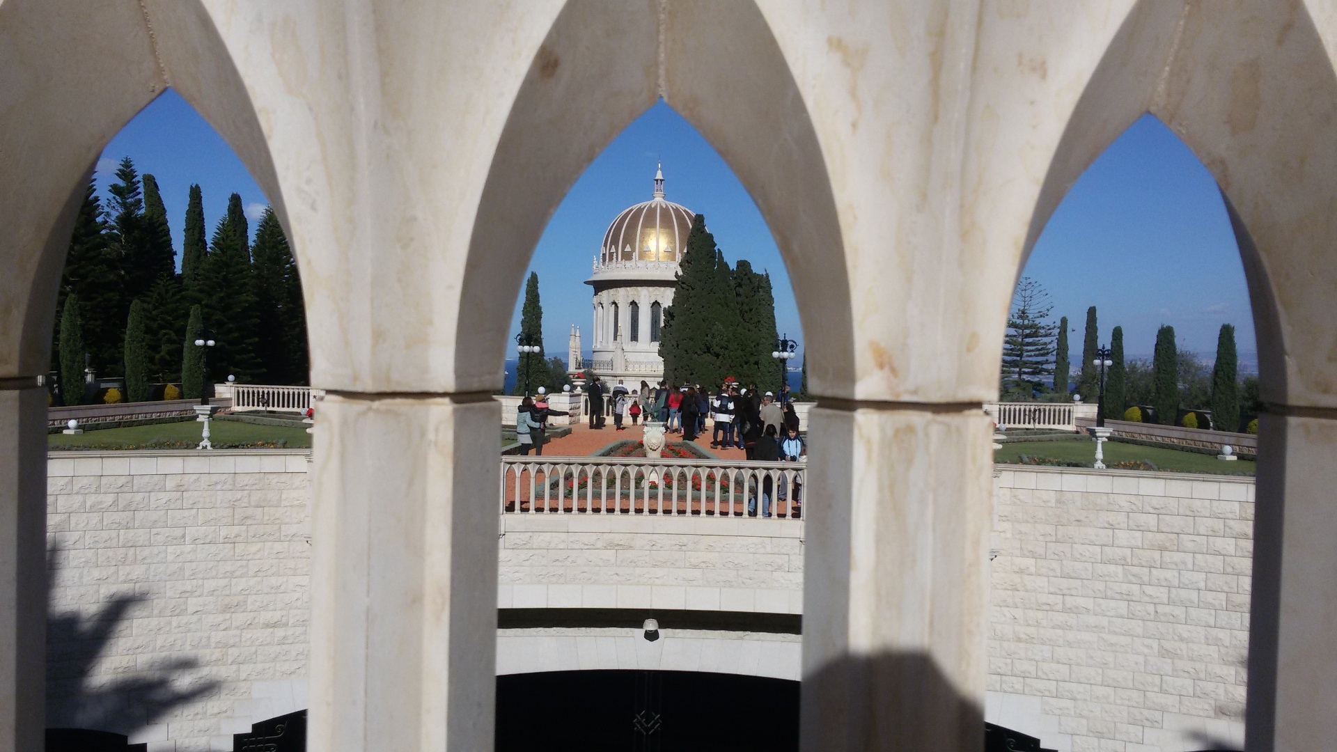 Shrine of the Báb through arched colonnade