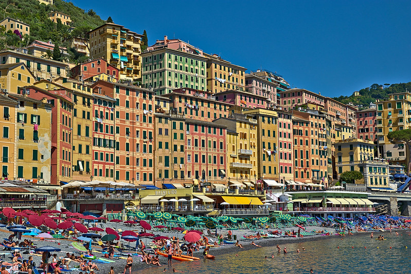 Colorful buildings and beach in Camogli
