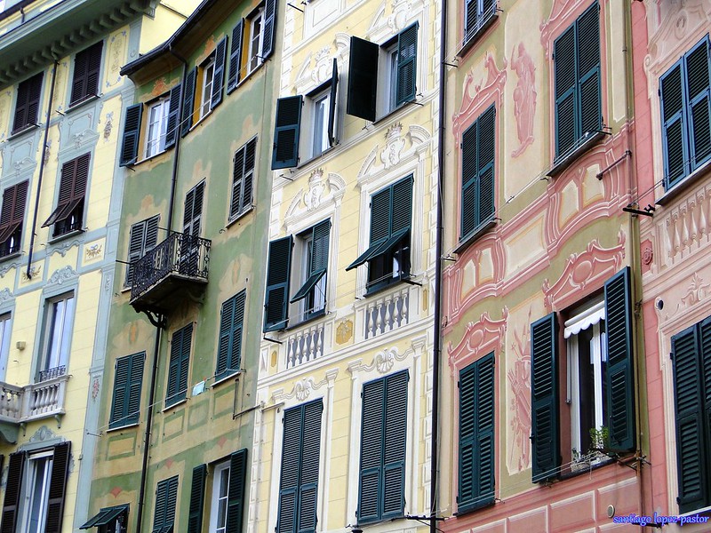 Traditional Ligurian facades with green shutters