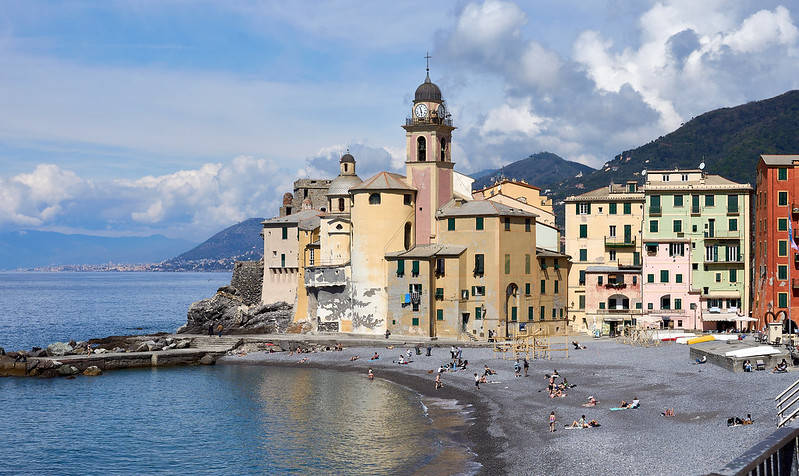 Camogli waterfront with historic church and bell tower
