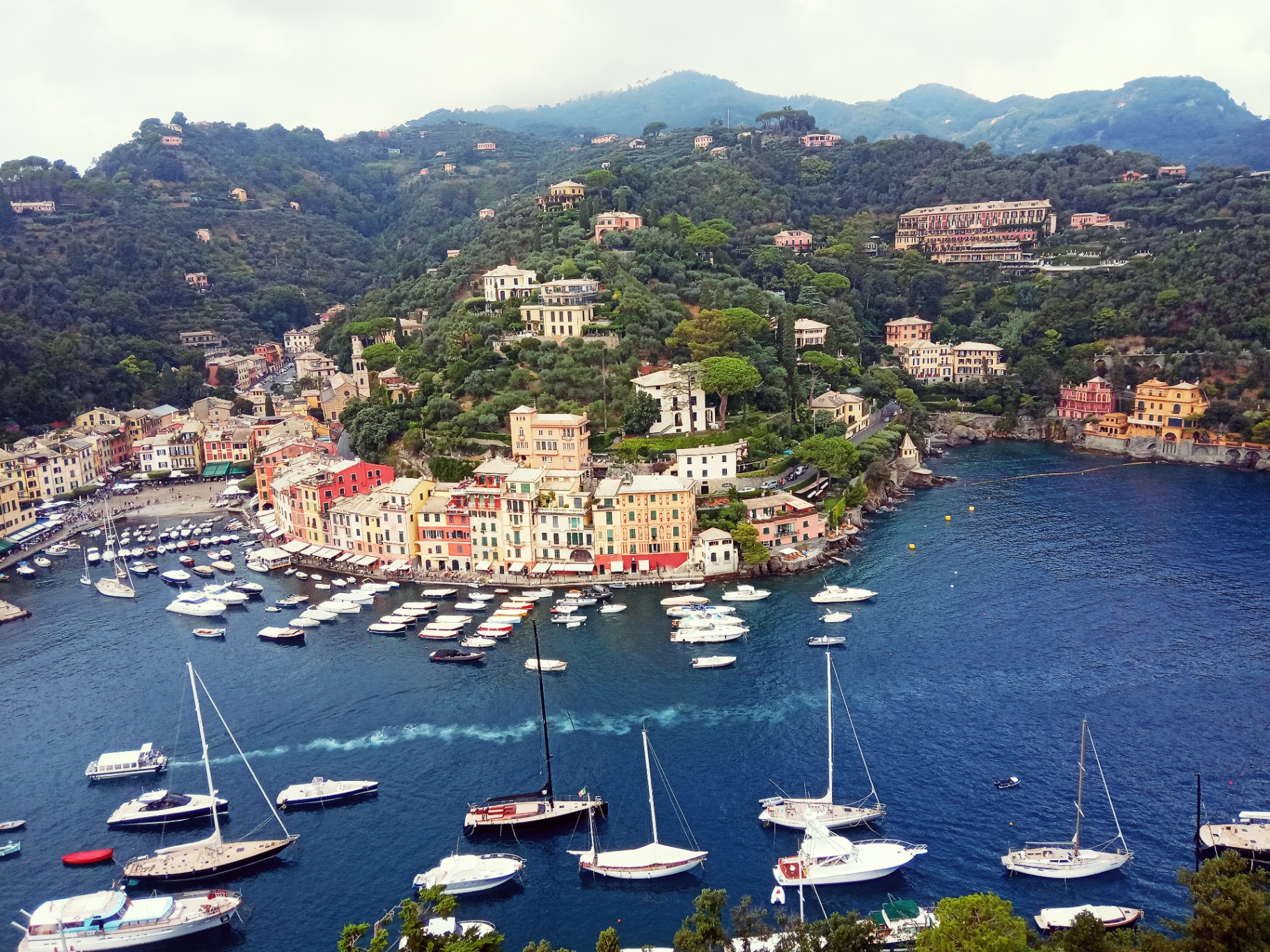 Aerial view of Portofino harbor from Castello Brown