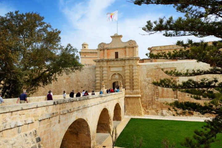 Mdina city gate entrance with bridge