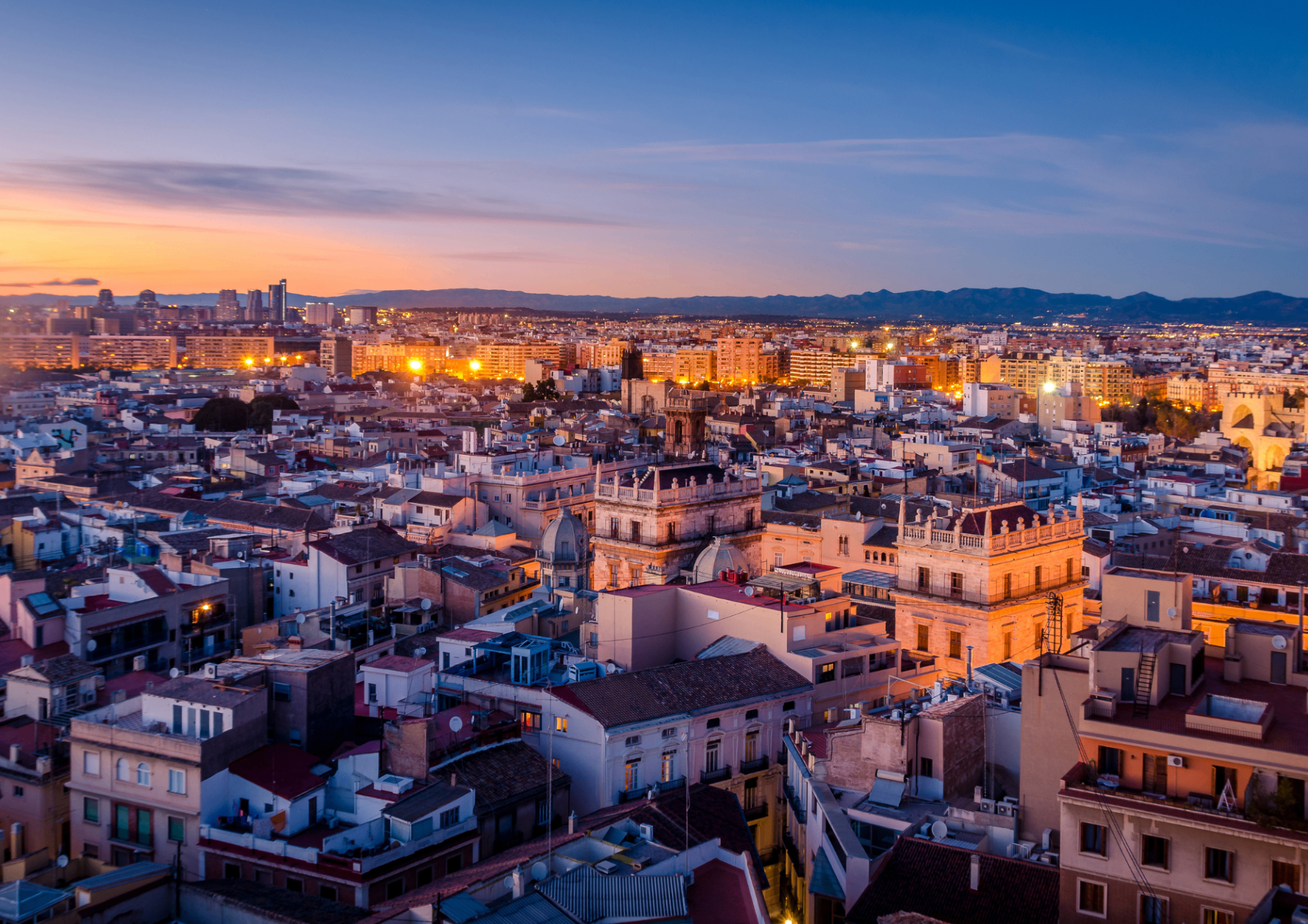 Valencia skyline at sunset with city lights
